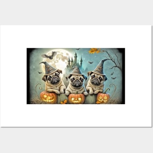 Pug Dogs Halloween Wizards & Witches Posters and Art